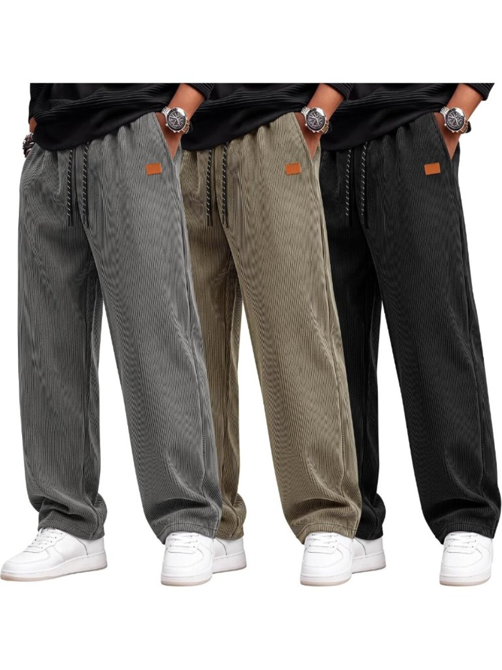 Men's Corduroy Casual Baggy Pants - 3 Pack, Comfy & Stylish Everyday Wear